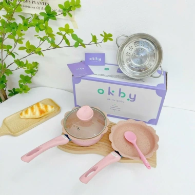 Bộ Nồi Chảo Đá Okby 16cm cho Bé Ăn Dặm - Đa năng, dùng được bếp từ, kèm xửng hấp - Giá chỉ 170.000₫