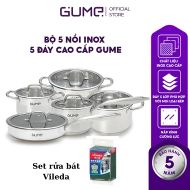 Bộ Nồi Chảo GUME Inox Đáy 5 Lớp - Phù hợp mọi bếp, bảo hành 5 năm, Hàn Quốc