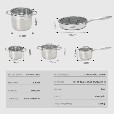 Bộ Nồi Chảo GUME Inox Đáy 5 Lớp - Phù hợp mọi bếp, bảo hành 5 năm, Hàn Quốc