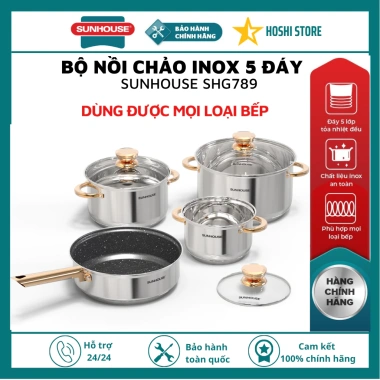Bộ nồi chảo inox 5 đáy Sunhouse SHG789 – Dùng mọi bếp, kính cường lực – Giá 675.000₫ 2