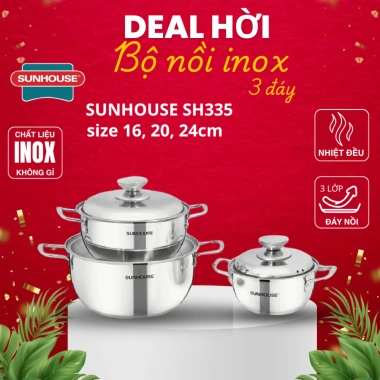 Bộ nồi Inox 3 đáy Sunhouse SH335 16-20-24cm - Đáy từ dùng mọi bếp, 3 lớp đáy, giá 1,1 triệu