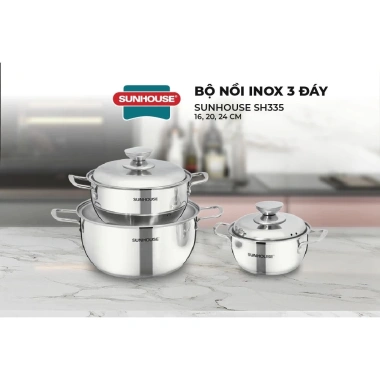 Bộ nồi Inox 3 đáy Sunhouse SH335 16-20-24cm - Đáy từ dùng mọi bếp, 3 lớp đáy, giá 1,1 triệu