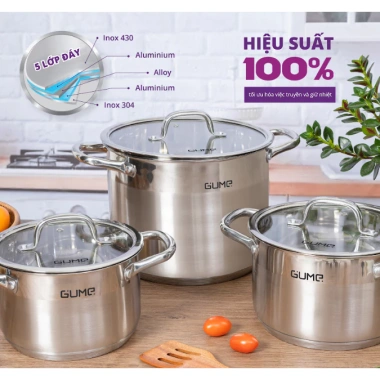 Bộ Nồi Inox 5 Đáy GUME GMPPS-2.201 - Inox 304, Dùng Mọi Loại Bếp, BH 12 Tháng 4