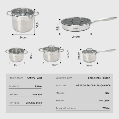 Bộ Nồi Inox 5 Đáy GUME GMPPS-2.201 - Inox 304, Dùng Mọi Loại Bếp, BH 12 Tháng 7