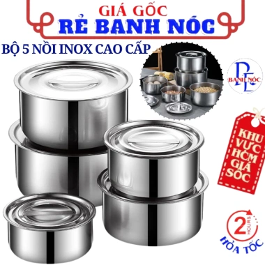 Bộ Nồi Inox 5 Món Đáy Dày Cao Cấp, Không Quai, Dùng Cho Mọi Bếp – 61.600₫
