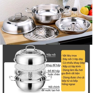 Bộ nồi lẩu hơi & hấp đa năng inox 304 D30-32cm, đáy 3 lớp siêu bền, dùng cho bếp từ - Giá ưu đãi 533.940 VND