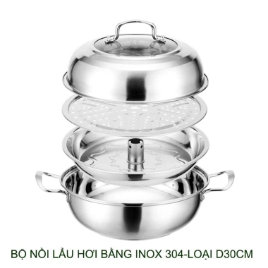 Bộ nồi lẩu hơi & hấp đa năng inox 304 D30-32cm, đáy 3 lớp siêu bền, dùng cho bếp từ - Giá ưu đãi 533.940 VND