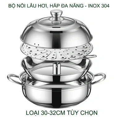 Bộ nồi lẩu hơi & hấp đa năng inox 304 D30-32cm, đáy 3 lớp siêu bền, dùng cho bếp từ - Giá ưu đãi 533.940 VND