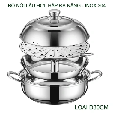 Bộ nồi lẩu hơi & hấp đa năng inox 304 D30-32cm, đáy 3 lớp siêu bền, dùng cho bếp từ - Giá ưu đãi 533.940 VND
