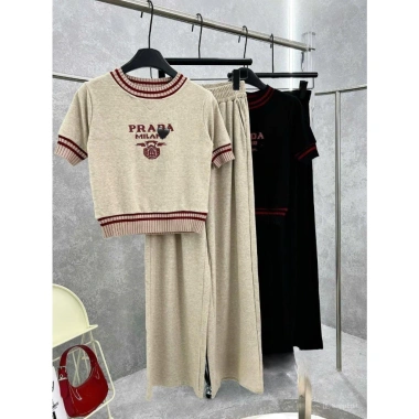 Bộ nữ áo len lông thỏ tay ngắn và quần suông ống rộng thu đông, mặc nhà ấm áp, chỉ 229k
