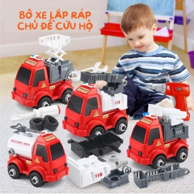 Bộ ô tô lắp ráp trẻ em 4 mẫu vàng đỏ - Mô hình xe công trình xây dựng kèm vít vặn, giá ưu đãi 111.198₫