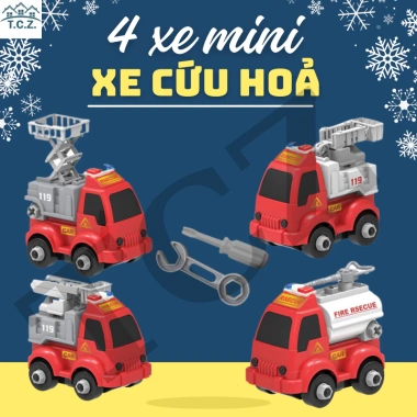 Bộ ô tô lắp ráp trẻ em 4 mẫu vàng đỏ - Mô hình xe công trình xây dựng kèm vít vặn, giá ưu đãi 111.198₫