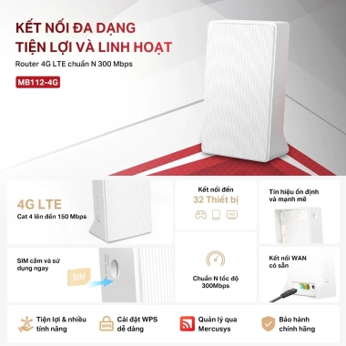 Bộ Phát Wifi 4G LTE Mercusys MB112-4G N 300Mbps - Giá chỉ 729.000đ, giảm mạnh