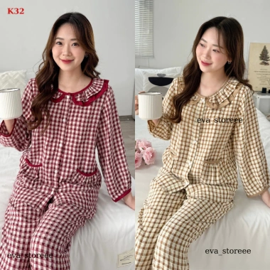 Bộ pịama nữ Lila dài caro K32 cổ nhún bèo, cotton thấm mồ hôi mềm mịn, giá ưu đãi 254,150