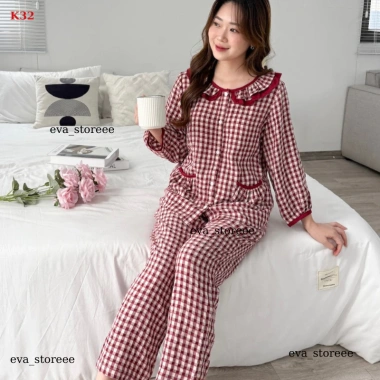Bộ pịama nữ Lila dài caro K32 cổ nhún bèo, cotton thấm mồ hôi mềm mịn, giá ưu đãi 254,150