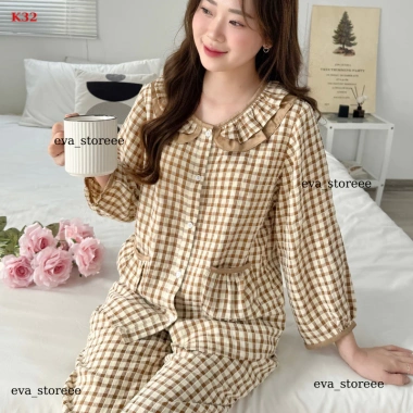 Bộ pịama nữ Lila dài caro K32 cổ nhún bèo, cotton thấm mồ hôi mềm mịn, giá ưu đãi 254,150
