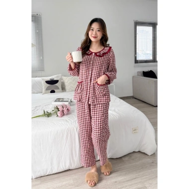 Bộ pịama nữ Lila dài caro K32 cổ nhún bèo, cotton thấm mồ hôi mềm mịn, giá ưu đãi 254,150