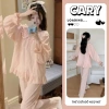 Bộ pijama bèo tiểu thư hồng tay dài quần dài vải đũi gân ren xinh CARY 83.000