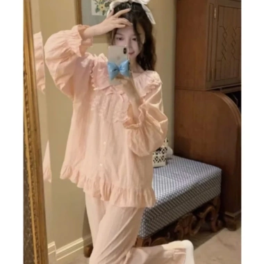 Bộ pijama bèo tiểu thư hồng tay dài quần dài vải đũi gân ren xinh CARY 83.000 5 Bộ pijama bèo tiểu thư hồng tay dài quần dài vải đũi gân ren xinh CARY 83.000 5