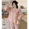 Bộ pijama bèo tiểu thư hồng tay dài quần dài vải đũi gân ren xinh CARY 83.000 7