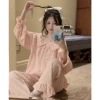 Bộ pijama bèo tiểu thư hồng tay dài quần dài vải đũi gân ren xinh CARY 83.000 10