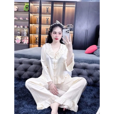 Bộ pijama bèo tròn 4 nơ nhỏ tay dài, quần dài túi, quần sâu freesize 40-80kg 165.000₫