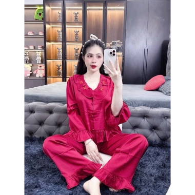 Bộ pijama bèo tròn 4 nơ nhỏ tay dài, quần dài túi, quần sâu freesize 40-80kg 165.000₫