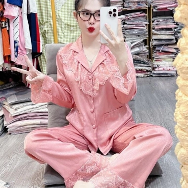 Bộ pijama cổ ren nút bọc ngủ nữ tay dài, quần dài túi rộng thoải mái, giảm 23%