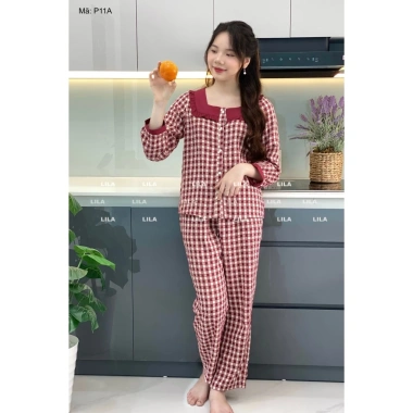 Bộ pijama dài tay caro cao cấp, áo quần túi, vải mềm mịn thoáng mát, 229.000 VND 5