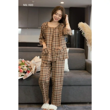 Bộ pijama dài tay caro cao cấp, áo quần túi, vải mềm mịn thoáng mát, 229.000 VND 7