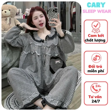 Bộ pijama dài tay chất đũi xốp caro xinh, cổ bèo, quần dài - Set ngủ nữ CARY 113k