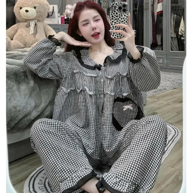 Bộ pijama dài tay chất đũi xốp caro xinh, cổ bèo, quần dài - Set ngủ nữ CARY 113k