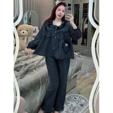 Bộ pijama dài tay chất đũi xốp caro xinh, cổ bèo, quần dài - Set ngủ nữ CARY 113k