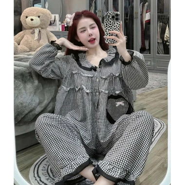 Bộ pijama dài tay chất đũi xốp caro xinh, cổ bèo, quần dài - Set ngủ nữ CARY 113k