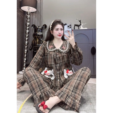 Bộ pijama kẻ dạ tay dài, quần dài charm mèo xinh xắn cho bé 40-80kg giá 179.000 3