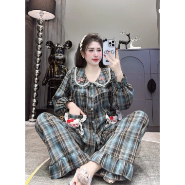Bộ pijama kẻ dạ tay dài, quần dài charm mèo xinh xắn cho bé 40-80kg giá 179.000 5