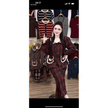 Bộ pijama kẻ dạ tay dài, quần dài charm mèo xinh xắn cho bé 40-80kg giá 179.000 6