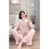 Bộ pijama lụa hồng nữ cổ ren dễ thương, dài tay, quần dài - Giá 190.650₫, cao cấp
