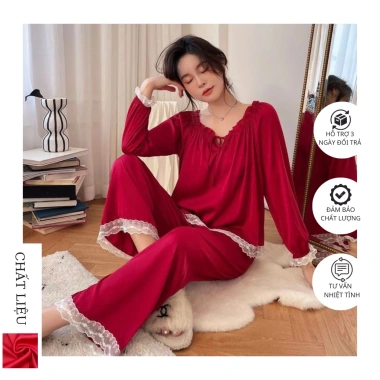 Bộ pijama lụa Quảng Châu cao cấp, dài tay phối ren công chúa xinh xắn - Giá 239.000đ