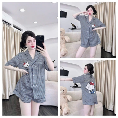 Bộ pijama mặc nhà cổ nhọn, nút đôi, tay ngắn, quần đùi chữ A 2 túi sâu chất liệu cao cấp 40-65kg giá 235.620 VND