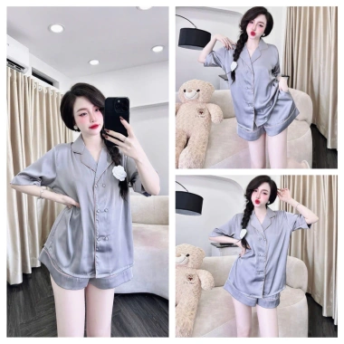 Bộ pijama mặc nhà cổ nhọn, nút đôi, tay ngắn, quần đùi chữ A 2 túi sâu chất liệu cao cấp 40-65kg giá 235.620 VND