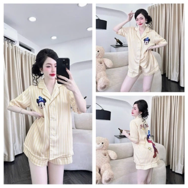 Bộ pijama mặc nhà cổ nhọn, nút đôi, tay ngắn, quần đùi chữ A 2 túi sâu chất liệu cao cấp 40-65kg giá 235.620 VND