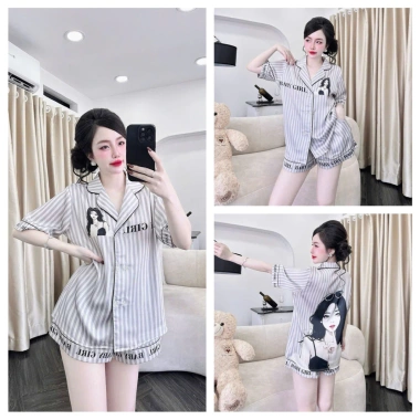 Bộ pijama mặc nhà cổ nhọn, nút đôi, tay ngắn, quần đùi chữ A 2 túi sâu chất liệu cao cấp 40-65kg giá 235.620 VND