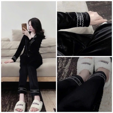 Bộ pijama nhung đen 2 món áo quần mềm mại, thoải mái, giảm 22% chỉ 195.000₫
