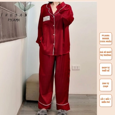 Bộ Pijama Nữ Đỏ Đô Tay Dài Lụa Xước Vân Gỗ Tô Châu Không Nhăn 60-90kg 209.000đ