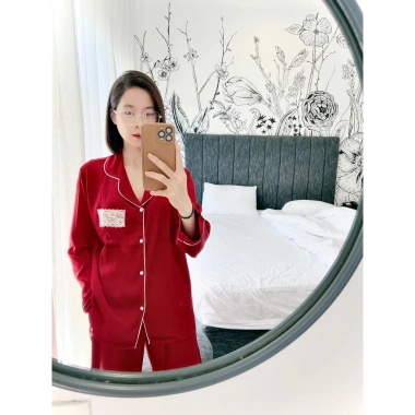 Bộ Pijama Nữ Đỏ Đô Tay Dài Lụa Xước Vân Gỗ Tô Châu Không Nhăn 60-90kg 209.000đ 7