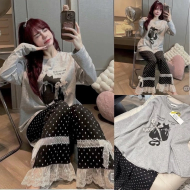 Bộ pijama nữ Juvigo HCOM3.306 áo phông dài tay in mèo, đính nơ, quần dài chấm bi viền ren gấu - giá 229k