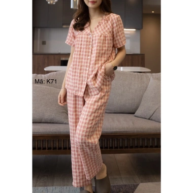 Bộ Pijama Nữ SUNA K71 Cổ V Kẻ Caro Tay Cộc Cotton Thô Nhật - Giá ưu đãi 248.170₫ 4
