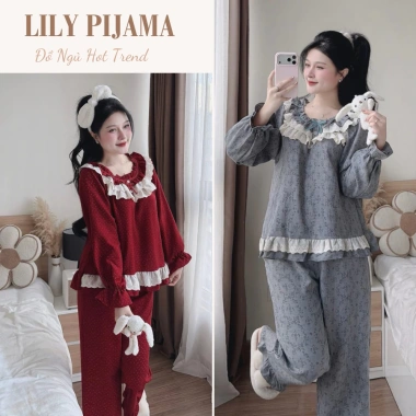 Bộ pijama nữ tay dài cổ ren vintage, quần dài vải mềm thoáng mát - 338.900₫