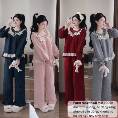Bộ pijama nữ tay dài cổ ren vintage, quần dài vải mềm thoáng mát - 338.900₫